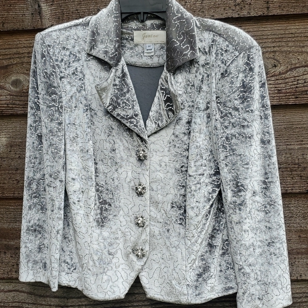 Vintage Janine Velvet Blazer with texture Beading Jacket 4 beautiful buttons